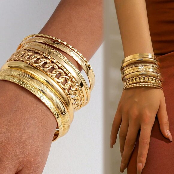 Gold Bangle Bracelets for Women, Indian Bangles Stackable Set, Multi Layer Textu - Picture 5 of 9